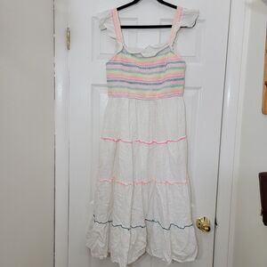Vineyard Vines Flutter Sleeve Smocked Midi Dress Tiered‎ Rainbow Linen Size XL